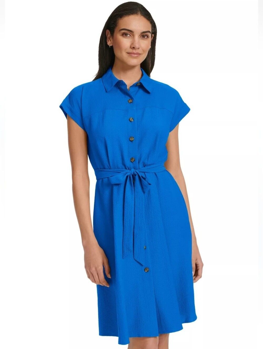 Calvin Klein Capri Blue Gauze Fit and Flare Collared Short Sleeve Dress